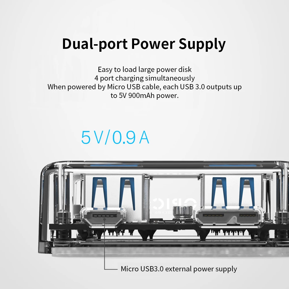 ORICO Прозрачный USB 3,0 концентратор 4 порта Высокоскоростной USB разветвитель с зарядным интерфейсом для Windows Mac Linux ноутбука ПК USB