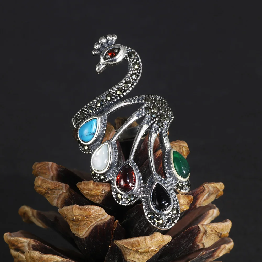 Skup Peacock pierścionki dla kobiet prawdziwa czysta 925 Sterling Silver biżuteria z czerwony granat kamień naturalny czarny onyks zwierząt ptak pierścień
