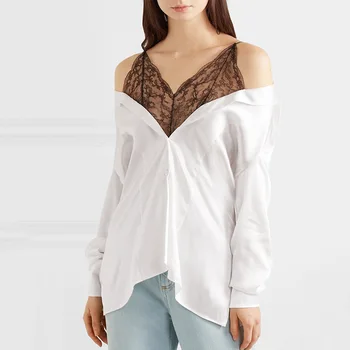 

2019 spring holiday two small design stitching bud silk shirt Wang Liuwen web celebrity woman with the white shirt