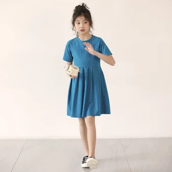 

New Girls Dress Cotton Summer 2020 Teen Solid Leisure Dresses Children Pleated Dress Baby Princess Dress Kids Clothing, #8869