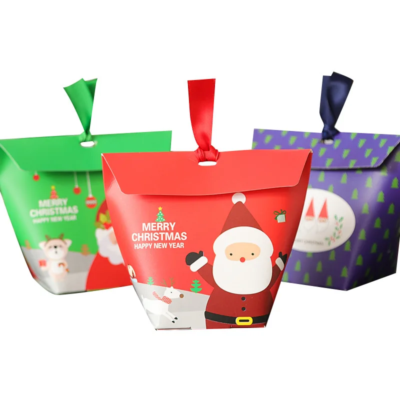 

10pcs Merry Christmas Candy Cookie Boxes Santa Claus Tapered Tote with Ribbons for Gift Giving Present Packaging Party Favors