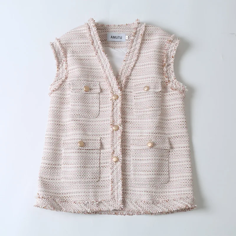 

New High-end Elegant Women's Tank Vest Plaid Knitted Woolen Sleeveless Coats Autumn Designer Loose V-neck Jackets Outerwear Coat