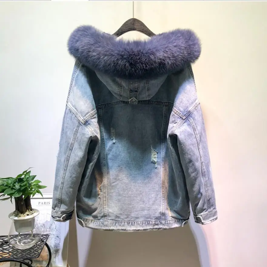 blue with blue fur Зимнее Модное теплое пальто с воротником из натурального Лисьего меха+ джинсовая куртка с подкладкой из натурального кроличьего меха женская верхняя одежда с капюшоном F705 - Цвет: blue with blue fur
