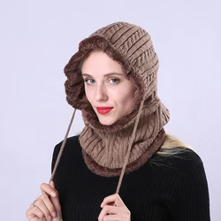 Warm Beanies Hooded Scarf Women Simulation Cashmere Wool Knitted Hats Winter Thick Skullies Version Cap Earmuffs Collar Soft