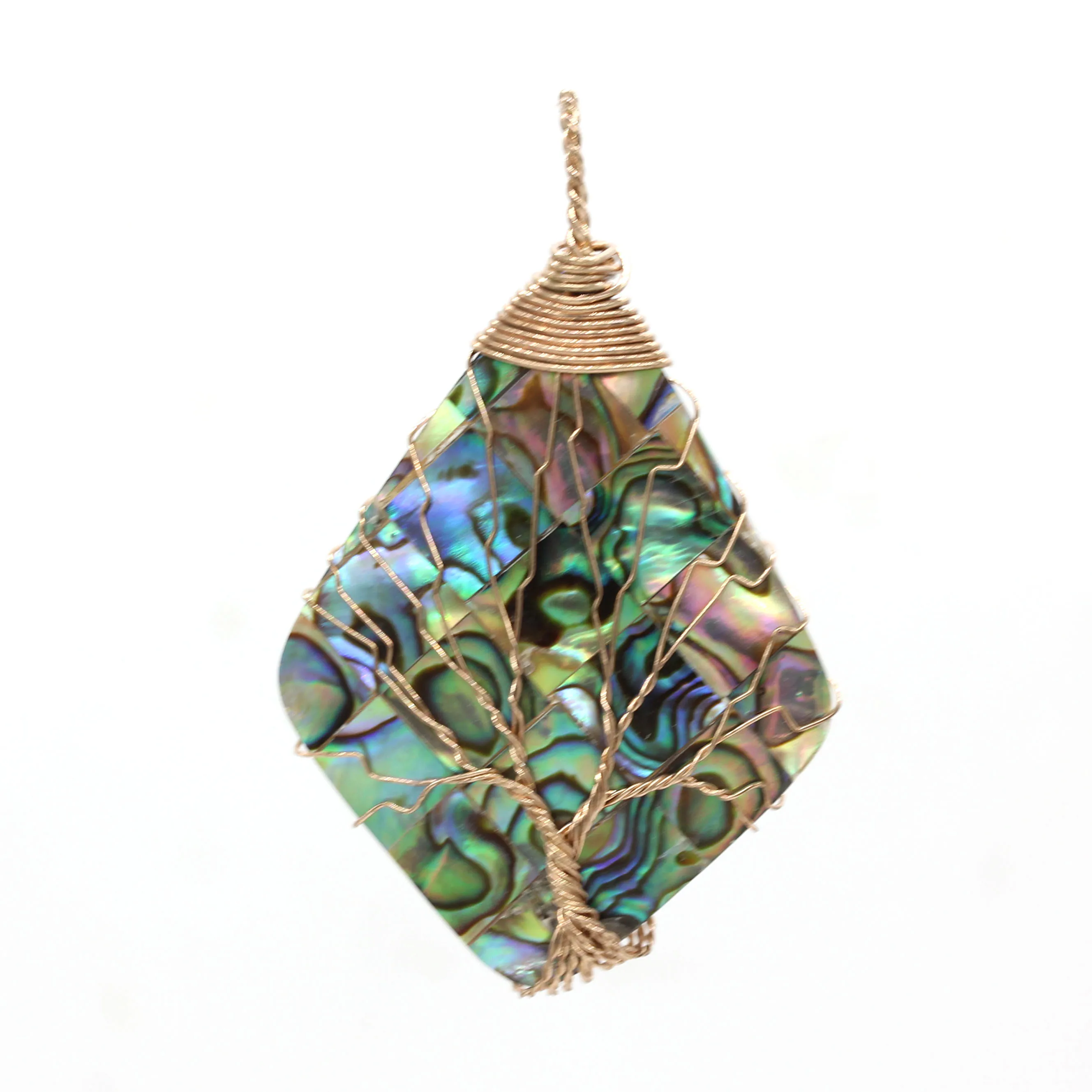 

Kraft-beads Light Yellow Gold Color Rhombus Abalone Shell Handmade Wire Wrap Pendant Fashion Jewelry