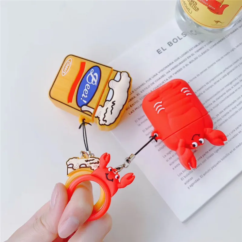 

Cartoon 3D Cute Crawfish Beer For Apple Airpods1 2 Silicone Case Wireless Bluetooth Headphone Protection Cover Finger Ring Strap