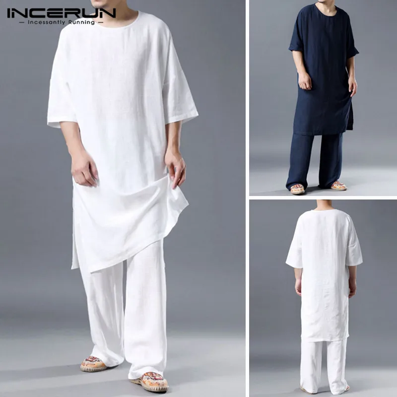 Casual Men Straight-Pants Streetwear INCERUN Chinese-Style Vintage Baggy Suit Solid Cotton