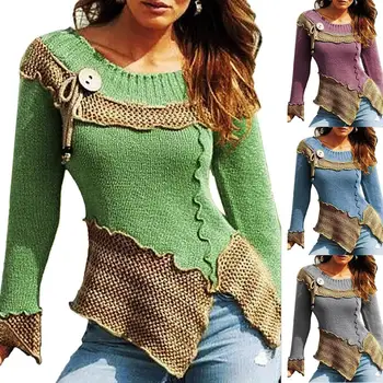 

Chic Women Autumn Color Block Lacework Side Slit Stitching Slim Knitted Sweater Ladies' patterned thermal wool knit