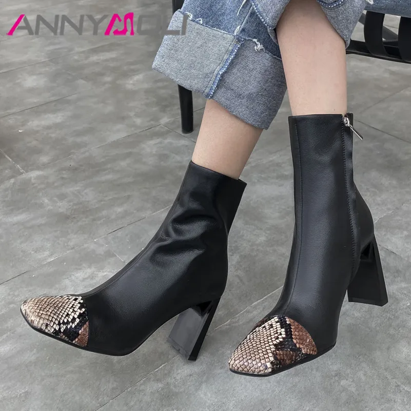 

ANNYMOLI Genuine Leather High Heel Mid Calf Boots Women Shoes Snake Print Square Toe Chunky Heels Zipper Boots Ladies Black 40