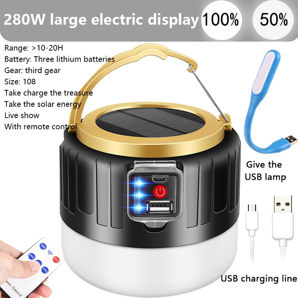 Newest 280W Camping Light Solar Outdoor USB Charging 3 Mode tent Lamp Portable Lantern Night Emergency bulb Flashlight For BBQ 1