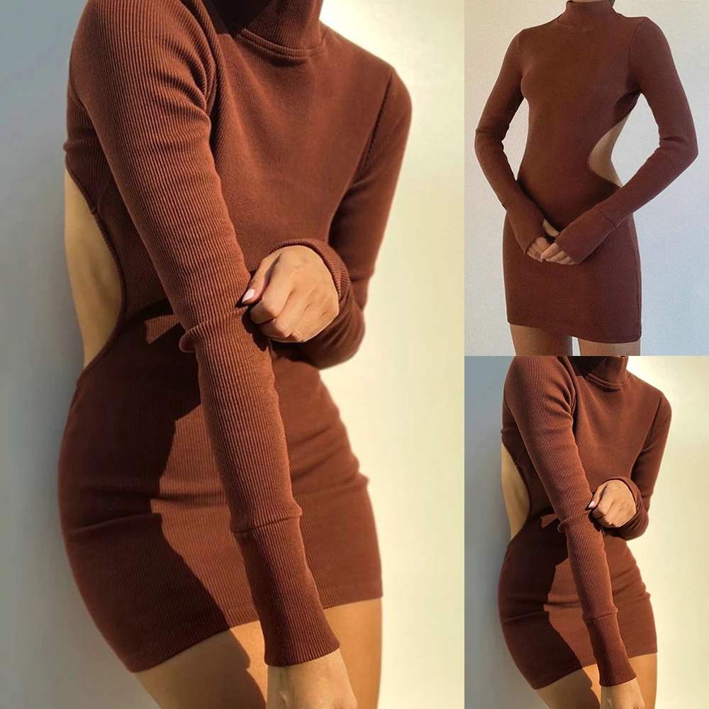 Autumn winter turtleneck knitted dress women bodycon sexy backless long sleeve party mini dresses
