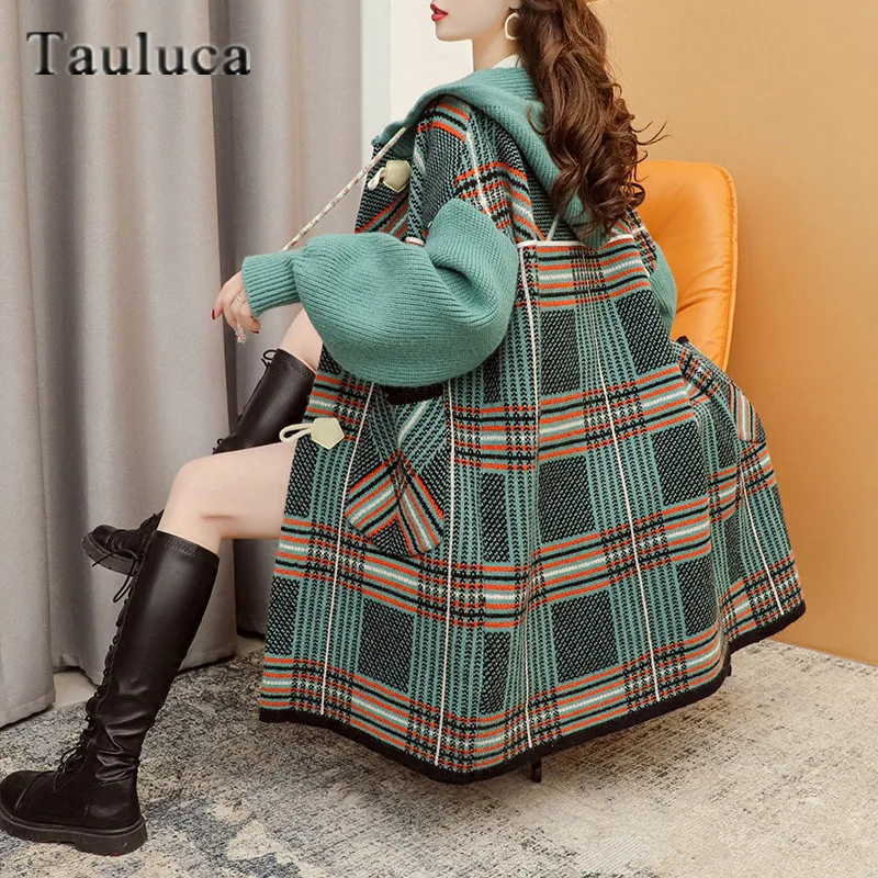

Jacket Coat Women Fashion Hooded Winter Vintage Plaid Print Long Sleeve Loose Knitted Sweater Cardigan Long Outerwear Chic Tops