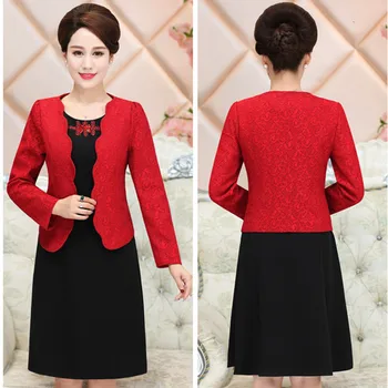 

Vintage Retro Lace Work Lace Office Lady Dress Suits 2 Two Piece Sets Elegant Women Blazer Jacket Pencil Dress Female Plus Size