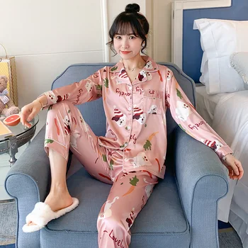 

EJIAMEIJR Hot 2020 Spring Autumn Womens Pajama Sets Lapel Cartoon Long Sleeve female Sleepwear suit Girls Nightgown for woman