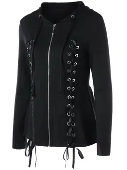

Vintage Gothic Full Zip Womens Criss Cross Hoodie Cut Out Punk Coat Jacket M-2XL