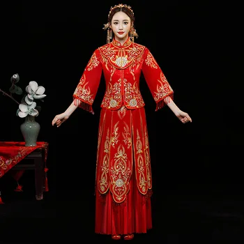 

Chinese Traditional Cheongsam Dress 2019 Red Satin Bride Embroidery Wedding Qipao Modern Qi Pao Long Orientale Robe Chinoise