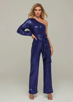

Hot Sale Sexy Single Sleeve Blue Mesh Sequins Sparkly Women Jumpsuit 2020 Celebrity Designer Fashion Jumpsuit Rompers