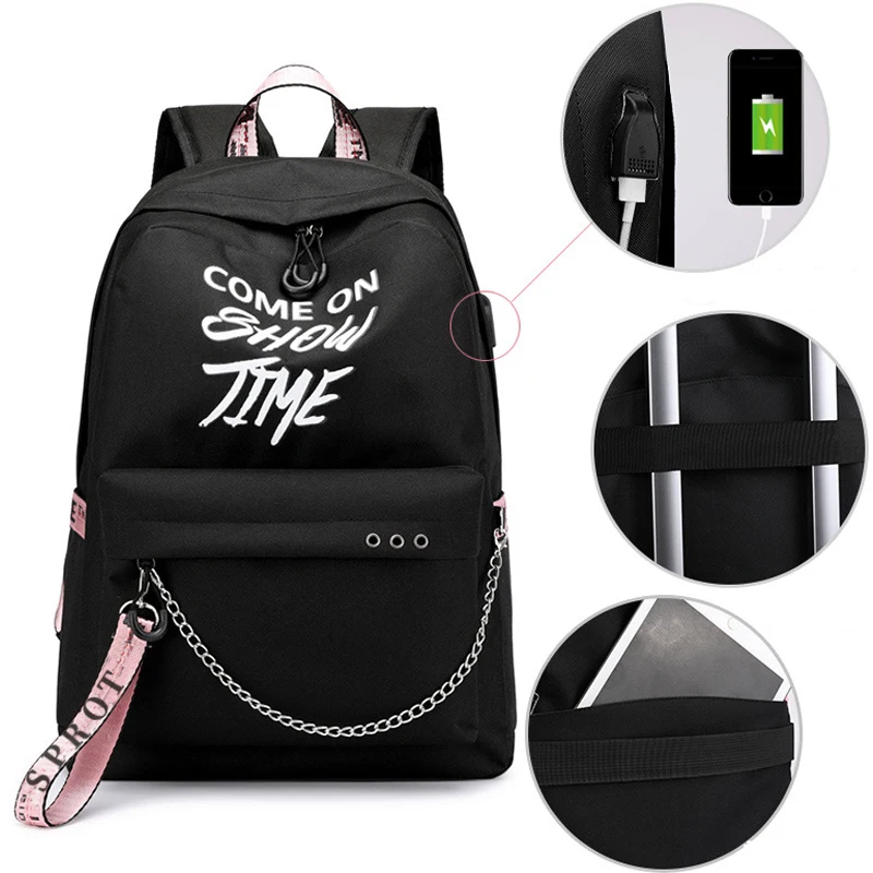 USB зарядка Школьная Сумка подростковая обувь для девочек средняя школа студентов Путешествия плеча рюкзаки для женщин РФ местная - Цвет: black pink