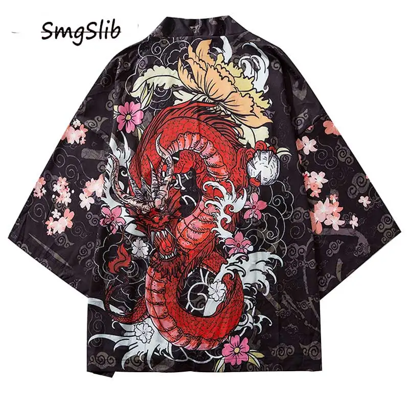 

2020 Harajuku Dragon Cherry Blossoms Flowers Print Kimono Cardigan Haori Jackets Streetwear Japanese Style Open Front Coats