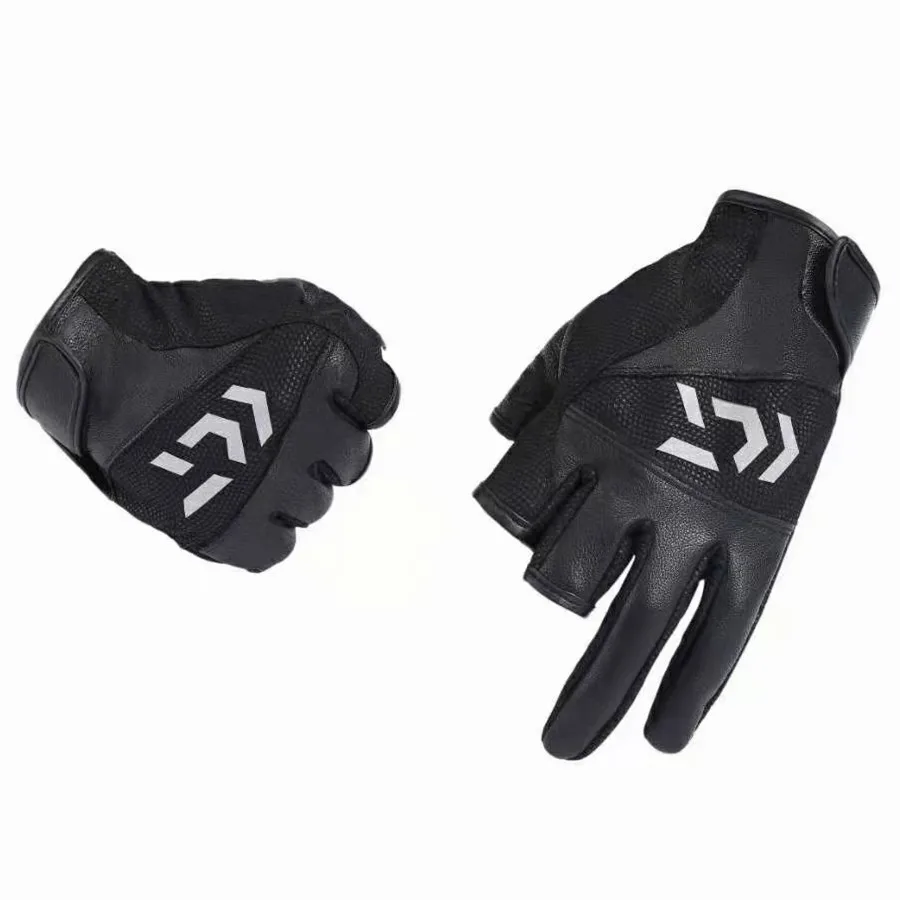 Зимние рыболовные перчатки Daiwa черные дышащие из натуральной овчины с 3 пальцами