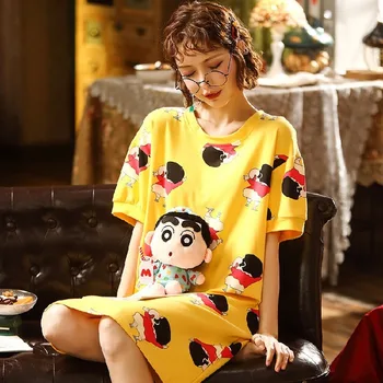 

Cartoon Yellow Women's Nightgown Girls Cute Dress Short Nightgown Cotton Soft Night Shirt Loose Casual Dress Summer Sleepwear