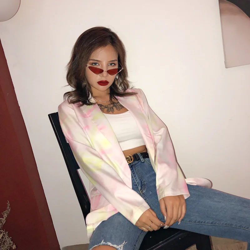 Корейский блейзер с принтом Tye Dye, пальто для женщин, Повседневная Свободная длинная куртка, Блейзер, высокая уличная мода, Женские рабочие пальто, Femme размера плюс