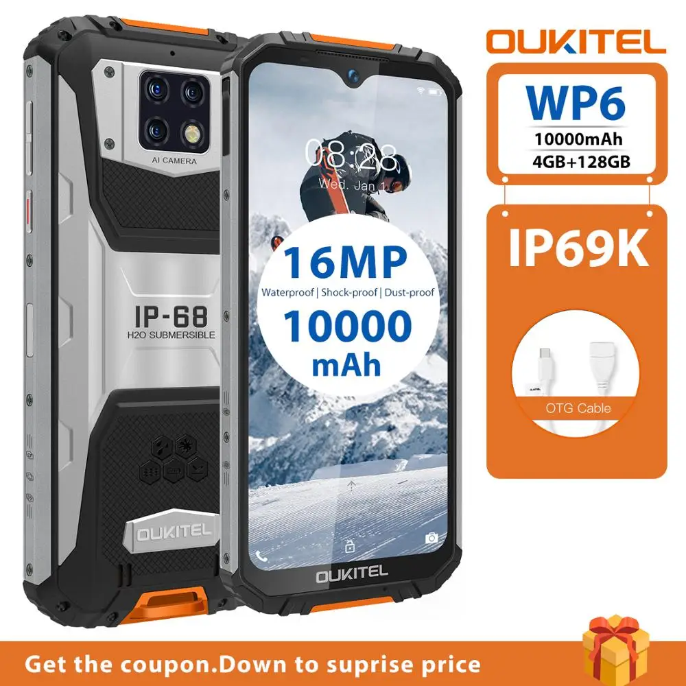 Смартфон OUKITEL WP6 10000 мАч 6 3 дюйма FHD + IP68 4 128 ГБ 8 ядер тройная камера 16 МП|Смартфоны| |