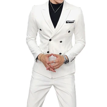 

[XZ66] Peak Lapel Party Dinner Tuxedo Suits Banquet Evening Double Breasted Retro 2 Pcs Set Wedding Groom Prom Ivory Jacket+Pant