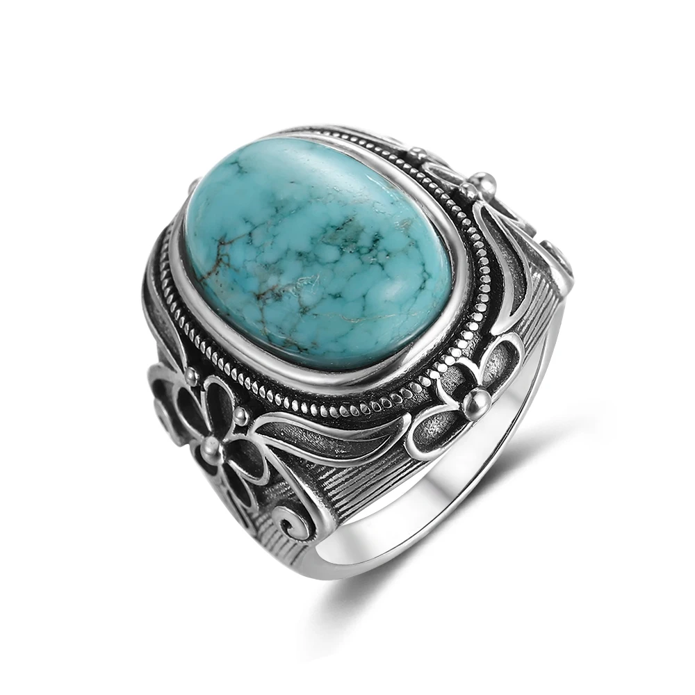 Natural Turquoise Ring Lady 925 Silver Jewelry Retro Party Ring 11X17MM Large Ellipse Gem Gift Wholesale