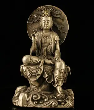 

7" Chinese old Antique bronze handmade silvering gilt gold guanyin statue