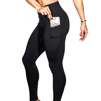 

2019 Pocket Fitness Leggings Women High Waist Elastic Workout Legging Solid Color Polyester Push Up Female Plus Size Leggings