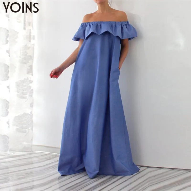 

YOINS Womens Summer Dress Sleeveless Bohemian VONDA 2019 Sexy Off Shoulder Ruffle Maxi Dress Floor-Length Vestido Plus Size S-5X