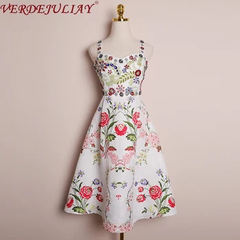 

VERDEJULIAY Romantic Spaghetti Strap Fairy Jacquard Dresses Women 2020 Spring Luxury Diamonds Runway Floral A-Line Midi Dress