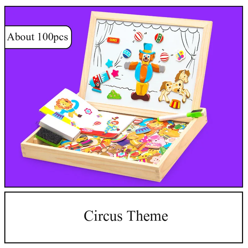 4 Themes Children DIY Drawrng Board Animal Magnetic Writing Blackboard and Whiteboard Educational Puzzle Kit Wooden Box Toys - Цвет: Circus