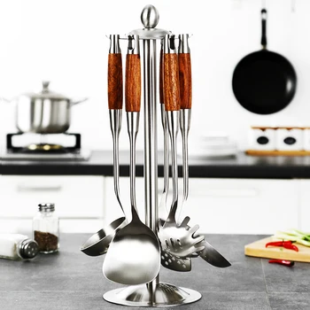 

1 pcs 304 Stainless Steel Kitchen Utensil Set with Rosewood handle Ladle Spatulas Tongs Non-Stick Cookware Kitchen Tools
