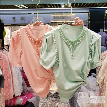 

Pearl Beaded T Shirt for Woman 2020 Summer New Hand Studded Beads Puff Sleeve Fruit Green Short Sleeved T-shirt Female Loose Top