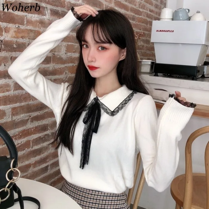 Woherb Pull Femme милые кружевные вязанные пуловеры в стиле пэчворк с отложным воротником и длинным рукавом, джемперы в Корейском стиле, модные топы на осень, новинка 91100