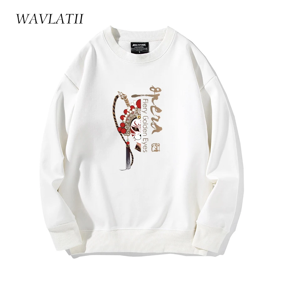 WAVLATII Bright Yellow Peking Opera Print Thick Sweatshirts Female New Black Casual Warm Liner Winter Hoodies Tops WH2147