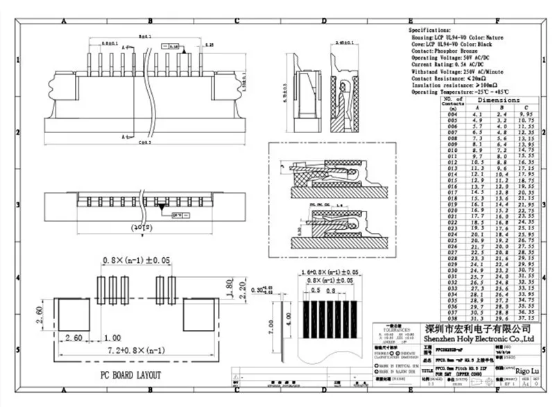 FPCFFC connector 0.8mm pitch 6pin 8 9 10 12 14 16 18p 20 22p 24p 26p 30pin 36pin Drawer Type flat cable Connector Top Contact 2