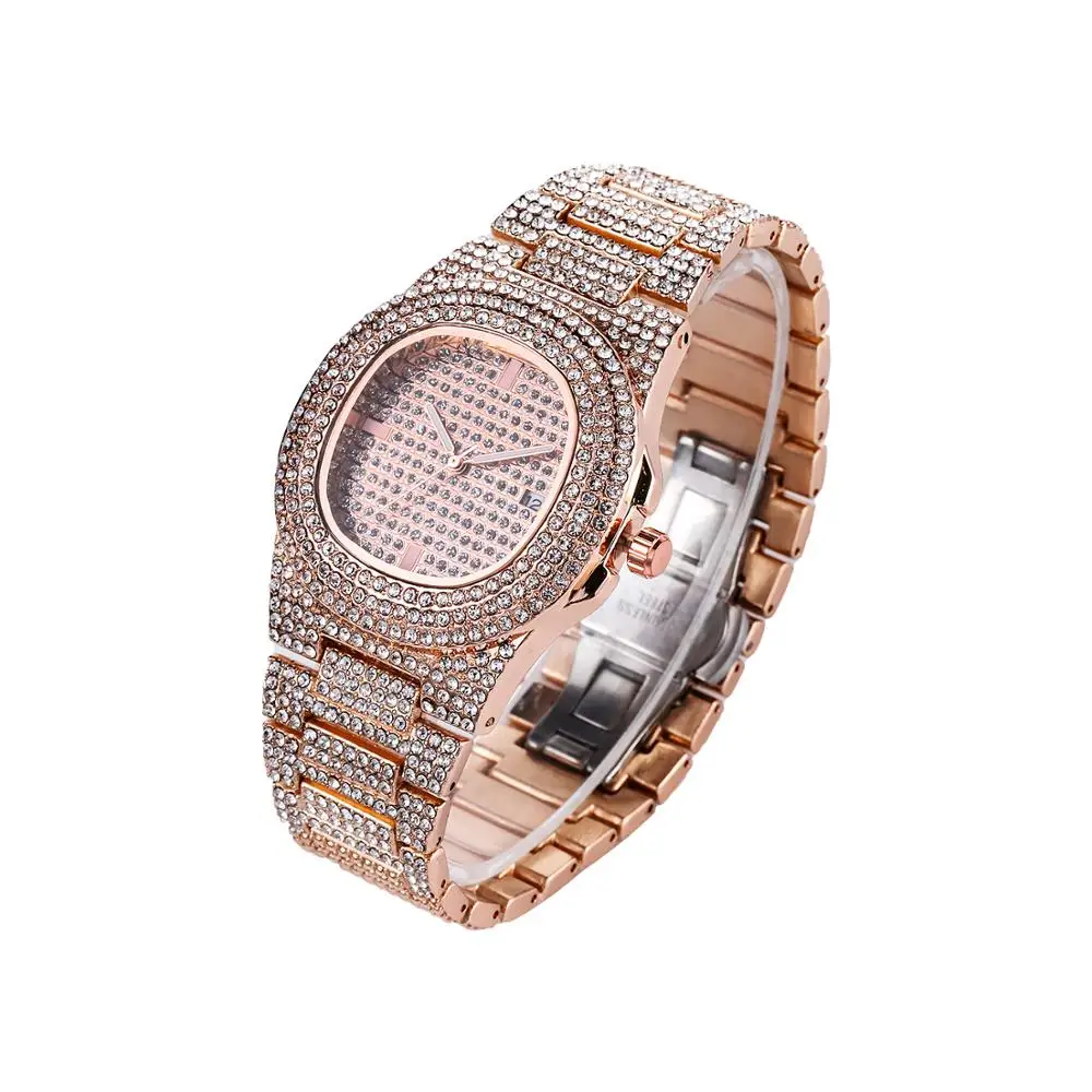 Pink Gold NYUK браслет в стиле хип-хоп, США, Снаряженная кубинская цепь золото серебро, покрытый стразами, CZ Bling, рэперское ожерелье, часы для мужчин, ювелирные изделия - Окраска металла: Pink Gold