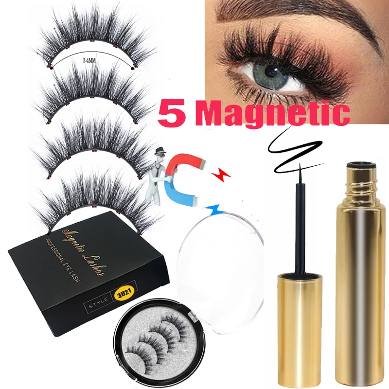 LEKOFO 2 Pairs 3D 5 Magnetic Eyelashes Magnet Eyeliner Set Strip Long False Lashes Extension Mink Ey