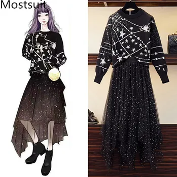 

Fashion Elegant Autumn Two Piece Set Women Plus Size Long Sleeve Lazy Oaf Knit Sweater And Irregular Long Skirt Sets Suit 2019