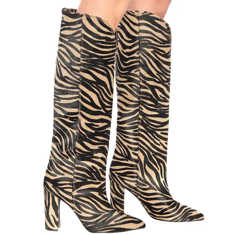 

Women Sexy Pointed Toe Slip On Women Fashion Bootie Women Knee High Boots Zebra Pattern Winter Fashion Boots Plus Size 43
