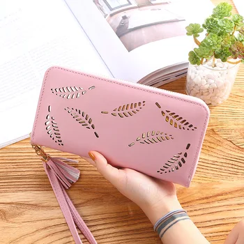 

Women Wallet Luxury Leather Wallets For Women Long Zipper Coin Purses Credit Card Hollow Leaves Pouch Handbag Lady Holders Bags