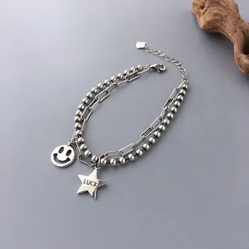 

925 Sterling Silver Double layer Star Charm Bracelet for Women Vintage Handmade Punk Bracelets Birthday Party Jewelry sl254