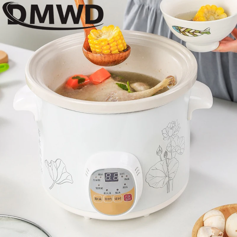 DMWD 1.5L Household Electric Mini Slow Cooker Mechanical/Smart Timer  Stewing Soup Porridge Pot Ceramic Linner Food Cooking Maker