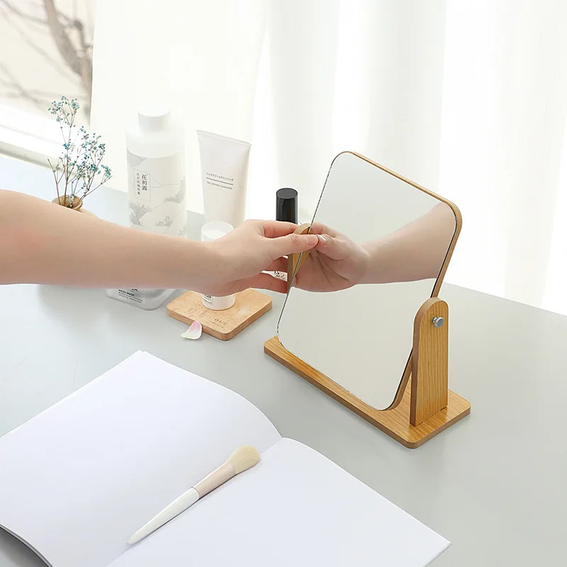 Simple Wooden Makeup Mirror Rotating Desktop Portable Folding Fashion For Student Dormitory Home