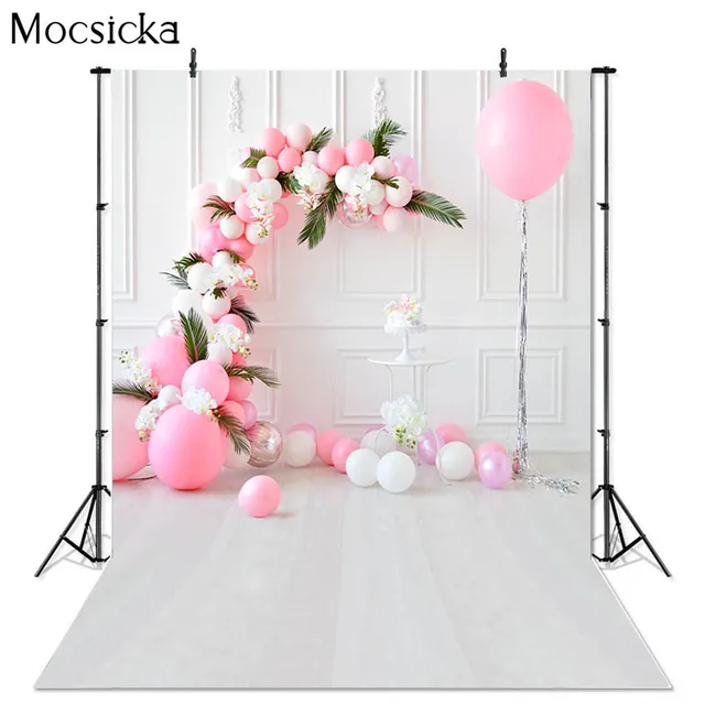 Girl Birthday Portrait Photography Backdrop Floral Cage Balloons Pink Newborn Baby Portrait Cake Smash Background Photo Studio style 3