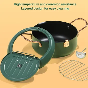 

With Thermometer Home Kitchen Carbon Steel Cooking Tool Lid Tempura Deep Fryer Temperature Control Multifunctional Oil Drip Rack
