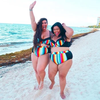 

2020 Plus Size Bikini Swimwear Women High Waist Swimsuit Striped Print Bikini Set Plus Size Bathing Suit Beachwear Swimming Suit